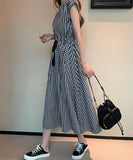 リネンワンピース フレンチスリーブ ウエストマーク ワンピース ゆったり ロングワンピース 春夏 ナチュラルワンピース 半袖 韓国 AMJL-86001