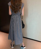 リネンワンピース フレンチスリーブ ウエストマーク ワンピース ゆったり ロングワンピース 春夏 ナチュラルワンピース 半袖 韓国 AMJL-86001